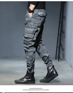 Side view detail of men's camouflage cargo pants with multi-pockets and jogger cuffs