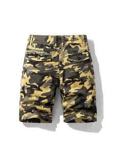 Men's classic yellow camouflage cargo shorts with back flap pockets in a street style.