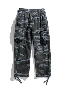 Men's rugged camouflage cargo pants featuring a wide leg straight cut and drawstring hem