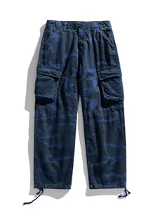 Men's blue camouflage wide-leg cargo pants with straight-cut and drawstring hem