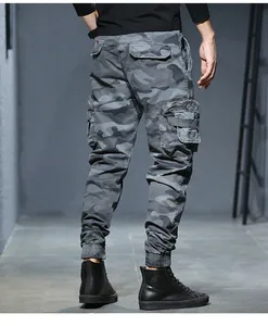 Close-up back view of men's vintage camo cargo joggers featuring a multi-pocket design