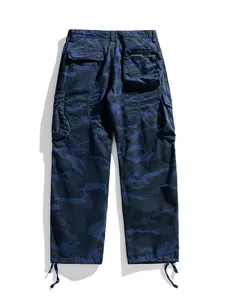 Professional back view of men's blue camo wide-leg cargo pants with multi-pockets