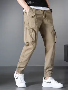 Khaki multi-pocket cargo jogger pants for men with drawstring waist and elastic cuffs