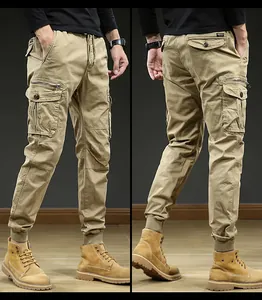 Front and back detail of vintage khaki cargo pants with multi-pockets and elastic cuffs