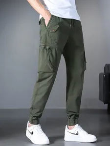 Men's olive green multi-pocket cargo pants with drawstring waist and elastic cuffs