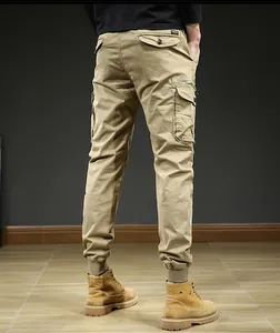 Detailed back view of men's khaki cargo jogger pants with functional multi-pocket design