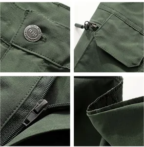 Detailed views of men's green cargo pants showing ripstop fabric, zipper, and button.