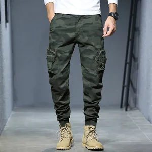 Men's retro camouflage cargo joggers with multi-pockets and elastic cuffs for outdoor