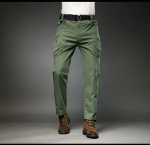 Front view of men's green tactical cargo pants featuring multi-pockets and a rugged design