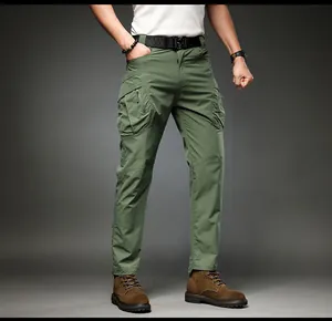 Front view of men's army green multi-pocket tactical cargo pants in a studio setting