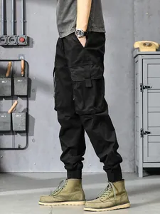 Pantalon cargo jogger noir pour homme, style urbain américain vintage avec poches