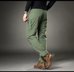 Detail showing back profile and side cargo pocket of olive green slim fit tactical pants