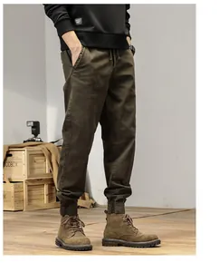 Men's retro olive green cargo pants with elastic cuffs for outdoor mountain style