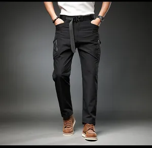 Durable men's multi-pocket black cargo pants with tactical belt and casual retro style.