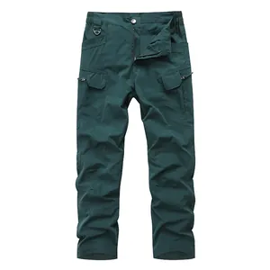 Men's dark green straight-leg cargo pants with multi-pockets and elastic waist band.