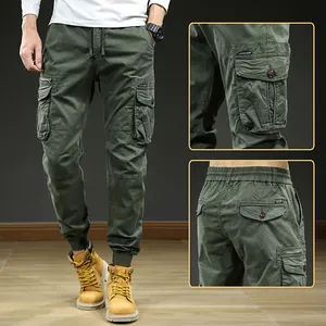 Men Retro Outdoor Cargo Pants Multi-Pocket Tapered Leg Joggers Elastic Drawstring Waist Cotton Blend Bottom Casual Trousers