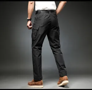 Back detail view showing the multi-pocket design of men's black rugged cargo pants