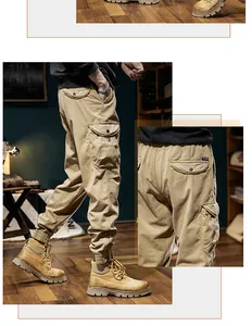 Detailed view showing side profile and back pocket of men's khaki vintage cuffed cargo pants.