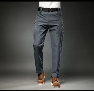 Men's multi-pocket tactical cargo pants in grey with a stylish black belt