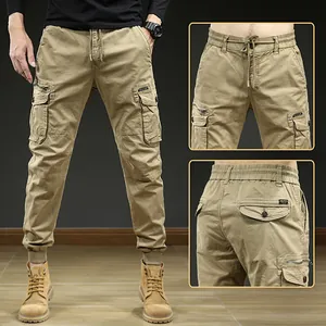 Vintage men's outdoor khaki cargo jogger pants with multi-pockets and elastic waist