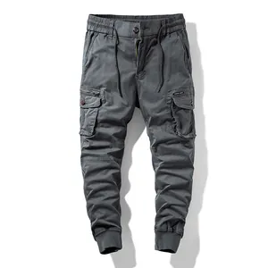 Men's vintage dark grey jogger cargo pants with multi-pockets and drawstring waist.