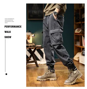 Pantalon cargo vintage gris élégant pour hommes avec poches à rabat pour l'hiver