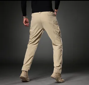Detailed back view of men's slim-fit khaki cargo pants showing pocket design and fit.