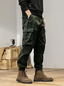 Vintage heren camo cargo jogger broek met meerdere zakken, elastische taille, donkergroen