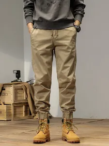 Men's Vintage Japanese Style Elastic Cargo Pants Joggers Multi-Pocket Outdoor Mountain Sports Cotton Blend Drawstring Trousers