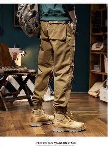 Detailed rear view of men's khaki fleece-lined cargo joggers featuring vintage styling