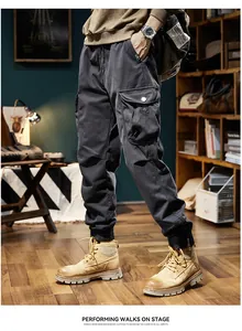 Detailed view of men's retro fleece-lined cargo joggers in a lifestyle setting