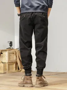 Men's Japanese style retro black cargo joggers with elastic tapered cuffs