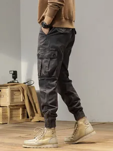 Men's retro American style cargo jogger pants with side pockets in dark grey finish