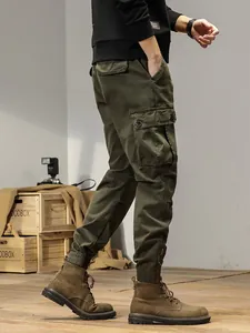 Men's olive green retro cargo pants with loose fit and jogger cuffs for outdoor style