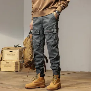 Men's vintage American grey cargo joggers with multi-pocket design and elastic cuffs