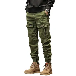 American retro style green multi-pocket cargo pants for men with elastic cuffs and belt loops