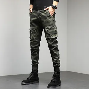 Pantalon Cargo Camouflage Vintage Américain pour Hommes High Street Multi-Poches Jogging en Coton Élasthanne Bottom