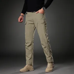 Men's vintage loose khaki cargo pants with multiple tactical pockets for outdoor sports