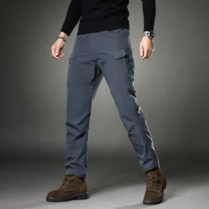 Men's professional slim-fit stretch cargo pants with multiple pockets in dark grey