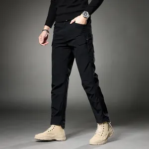 Men's slim fit black cargo pants with straight leg design for casual outdoor style