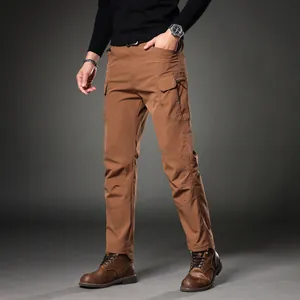 Men's stylish retro slim fit straight-leg cargo pants in brown with multiple utility pockets