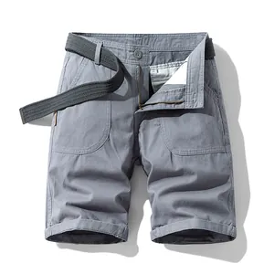 Men's vintage grey cotton cargo shorts with belt, loose fit casual summer style