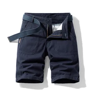 Men's loose navy blue cotton cargo shorts featuring a matching woven belt and pockets