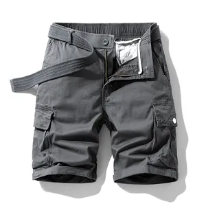 Summer men's loose dark grey cargo shorts with multiple pockets and matching belt