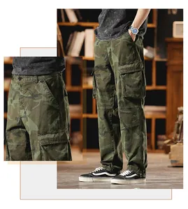 Detailed macro and full view of retro camouflage cargo pants with multi-pocket design