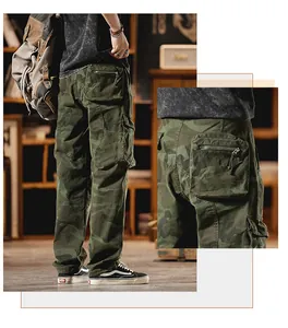 Detailed view of the multi-pocket design on camouflage vintage military cargo pants
