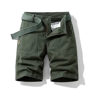 Men's vintage dark green pure cotton loose cargo shorts with a matching canvas belt