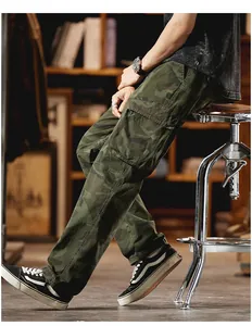 Detailed side view of premium vintage camouflage cargo pants with large tactical flap pockets