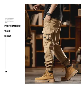 Men's stylish khaki multi-pocket cargo jogger pants with a rugged street style vibe