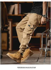Detailed view of men's khaki cargo jogger pants featuring multi-pocket streetwear design